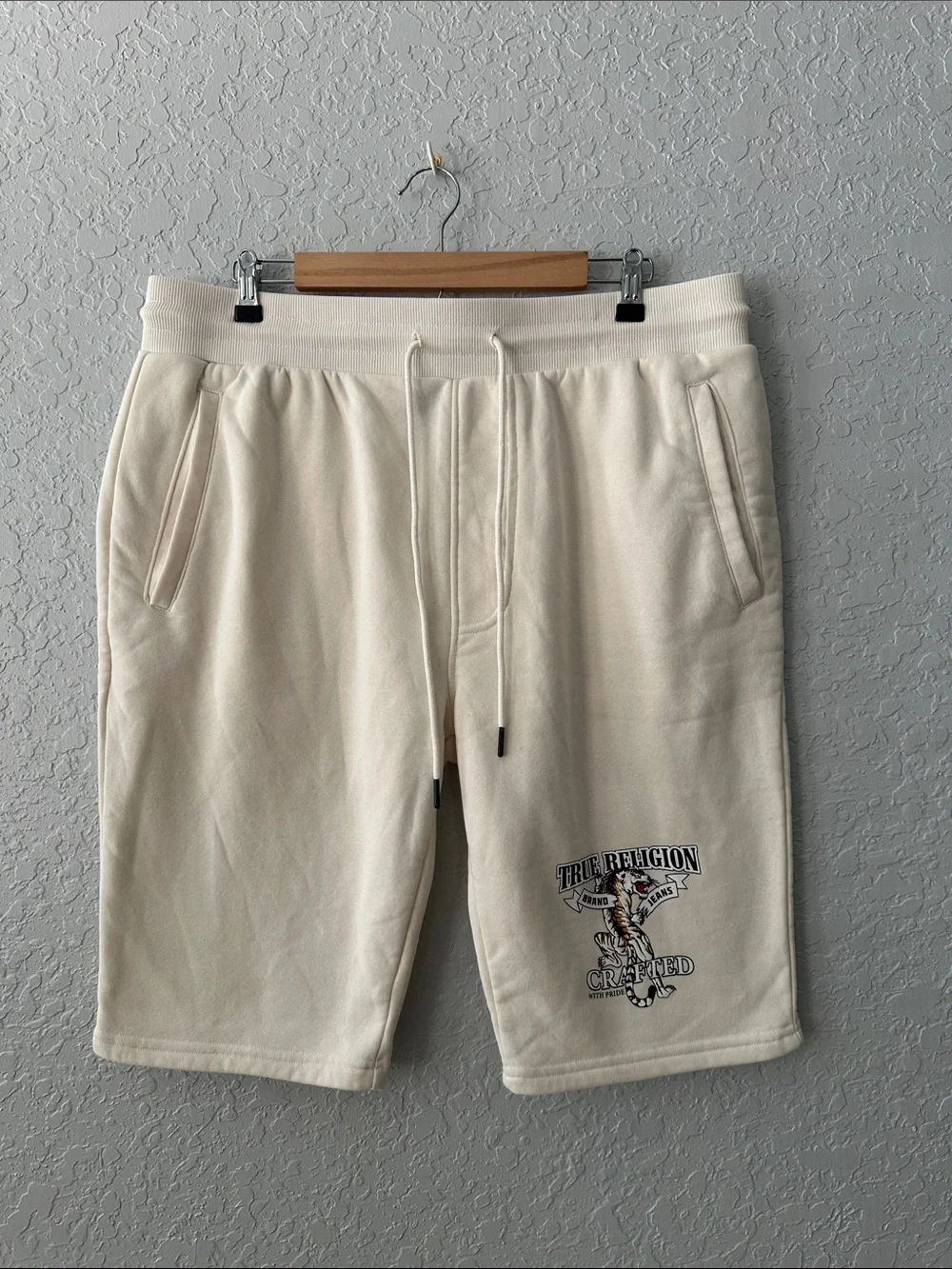 True Religion Off-White Drawstring Men's Athletic Shorts with Logo Print
